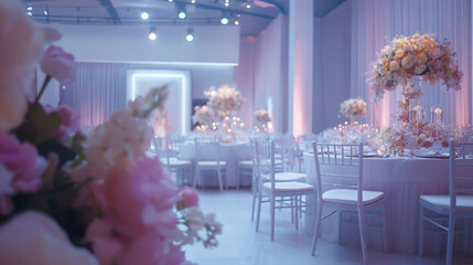 Wall Mural - A photo of a wedding reception with white chairs and tables and a pink and white floral arrangement on each table.

