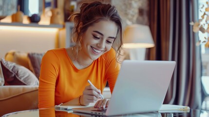 Wall Mural - Woman Working on Laptop at Home