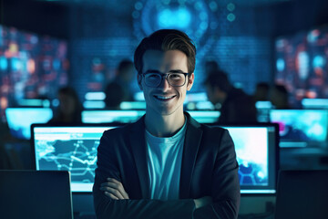 Young male web developer standing at office