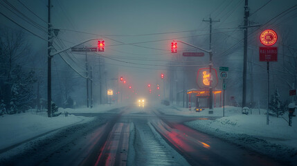 An icy blizzard hitting an urban area, streets empty and covered in snow, with signs and lights barely visible through the whiteout