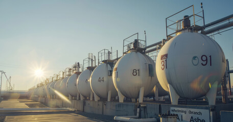 Sticker - A row of storage tanks with numbers on them, arranged in front of an oil and gas industrial plant background