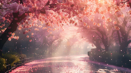 Cherry blossoms in full bloom, with a gentle breeze causing petals to flutter down onto a busy park path