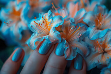 Elegant Hand With Blue Azalea Floral Nail Art Design For Fashion And Beauty Concepts