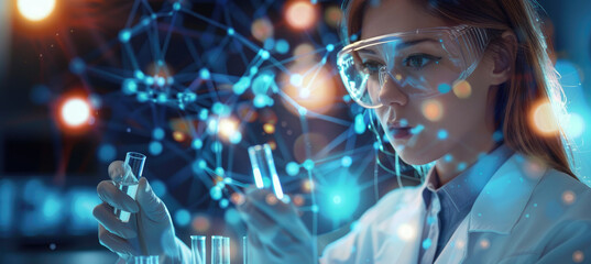 Wall Mural - Female scientist working in laboratory with holographic blue background, wearing safety glasses and white lab coat