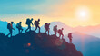 A group of people hiking up a mountain.

