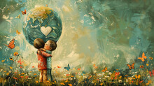Vintage Earth Day. Two Children Hug Each Other In Front Of A Giant Heart-shaped Earth. Playful Butterflies & Birds Add To The Nostalgic Love For Our Planet.