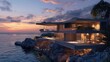 A modernist masterpiece set on a cliffside overlooking the ocean, with cantilevered balconies and panoramic glass walls that capture the essence of coastal living in a contemporary yet timeless design