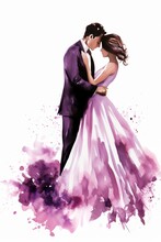 Elegant Watercolor Clipart Of A Bride And Groom Holding Hands, Their Silhouettes Detailed Against A Soft, White Backdrop, Capturing A Moment Of Love
