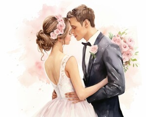 Romantic watercolor illustration of a bride and groom sharing a tender kiss, clipart, single objects, detailed in soft pastels, isolate on white background