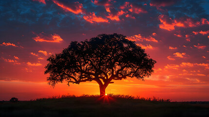 Wall Mural - The silhouette of a single tree on a hilltop, captured against the vibrant colors of a sunrise sky