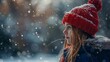 Looking at the girl in her red hat and blue coat, one cant help but be reminded of the simple joys of winter and the beauty of nature in all its seasons 8K , high-resolution, ultra HD,up32K HD