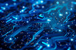 close-up photo of intricate circuitry and network connections against a deep blue tech background, symbolizing the interconnectedness of technology and the internet in modern socie