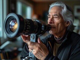 Poster - A man with a camera is looking through the lens. He is wearing a black jacket and a scarf