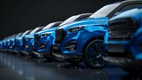 Fototapeta  - A row of blue SUVs is in position. fleet of standard modern vehicles. Transportation. Fleet of luxury off-road vehicles is made up of generic, nameless vehicles. isolated on black background