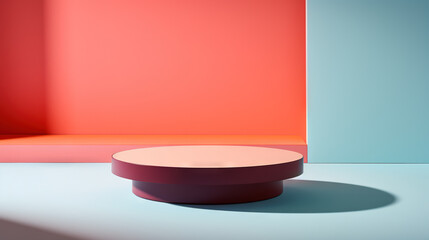 Sticker - Pedestal in colorful room with shadows on the wall. Rich colored podium scene for product display.