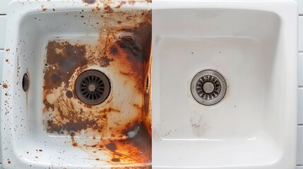 Examine the dirty sink's before and after cleaning, the old, filthy sink's rusty stain, and the bathroom's rusty metal drain.