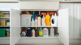 Fototapeta  - Cleaning supplies and detergents beneath the sink in the white kitchen cabinet