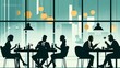 © YURY YUTY - Elegant Evening Dining Scene With Silhouetted Patrons at a Modern Restaurant, business lunch illustration