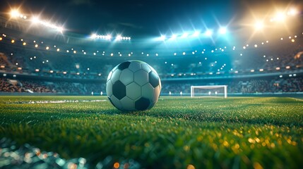 Wall Mural - Close-up of a Soccer Ball on a Lush Green Field Under Stadium Lights. Exciting Sports Atmosphere Captured in a Vibrant Image. Ideal for Sports Marketing and Events. AI