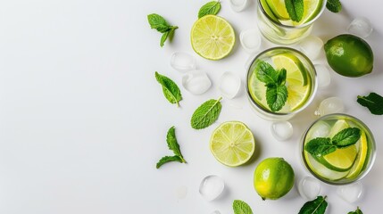 Wall Mural - Lime soda beverage with mint served on a white background