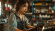 A focused South Korean woman with short, dark hair adjusts a car engine component with a wrench, grease smudged on her overalls Tools hang neatly on the wall in the background,realistic photo
