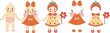 Coquette Kewpie dolls set, cute paper doll and set of summer clothes. Vector hand draw illustration