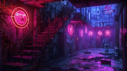 a dark alley with neon lights and a staircase leading to a bar with a neon sign on the wall