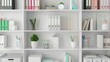 Close-up of white office shelves displaying various stationery