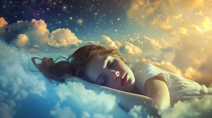 a girl laying on a cloud with her eyes closed