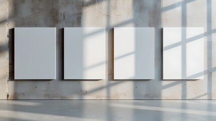 Wall Mural - three blank white canvases on wall in sunlight for art display. modern gallery interior with minimal