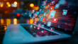 © OMGAi - Social Media Engagement Digital Interface Concept. Vibrant social media icons floating above a laptop keyboard, representing online engagement and digital communication.