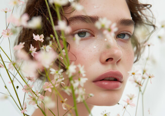 skincare editorial shoot of a brunette model with flowers in front of her face, on a white background