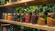 Glass jars with spices on shelves
