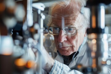 Aufkleber - A blurred face of a scientist in the foreground with a focus on the intricate laboratory environment around them