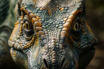 Wall Mural - A surreal close-up shot of a dinosaur's textured face giving an abstract, lifelike representation of the creature