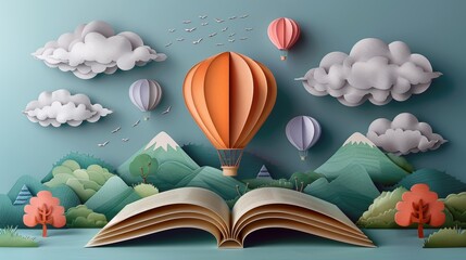 Wall Mural - Balloons fly over open book on the table, Knowledge and education concept