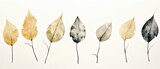 Fototapeta  - A row of watercolor leaves with varying degrees of yellow, brown, and gray.