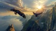 A pair of magnificent bald eagles soaring high above the rugged cliffs of a coastal fjord, their wings outstretched against the backdrop of a vivid sunset 