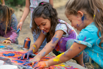 childrens day. A group of young girls are playing with paint on a table. Generative AI