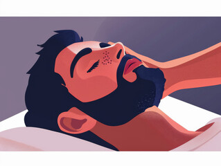 Illustration of a man receiving a neck massage, depicted in a stylized, calming manner.