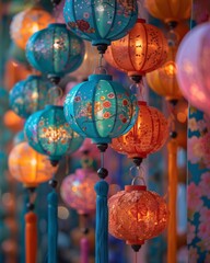 Poster - lanterns hanging in rows on a colorful wall covered with flowers