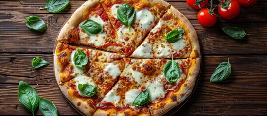 Wall Mural - Pizza Topped With Cheese and Tomatoes on Wooden Table