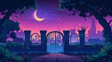 Cartoon Modern Illustration Of A Cityscape With Stone Gates Leading To A City Garden Or Park. A Sunrise Skyline With Trees, A Crescent Moon And Stars With A Pink Background.