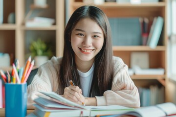 A young Asian woman smiles softly while studying with colorful materials and pens on a desk