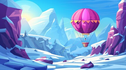 Wall Mural - Cartoon illustration of hot air balloon tied near cave in the mountains with stone cave and snow, as well as colorful airship with ballast and basket.