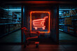 A neon shopping cart is lit up in a dark room. The cart is red and has a black frame. The room is dimly lit, giving it a mysterious and eerie atmosphere
