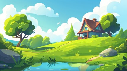 Wall Mural - House on hill with pond, green grass, and trees. Modern cartoon illustration of countryside landscape with small cottage with porch and lake in summer or spring.