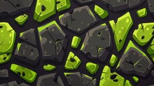 An Animated Seamless Pattern Of Black And Green Rock Blocks And Cracked Concrete On A Stone Ground Or Mountain Wall.