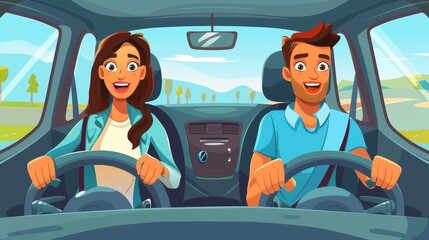 Cartoon illustration of happy people in cars and hands on steering wheels on driving school posters with a man and woman sitting in cars. A modern banner showing education and driving tests.