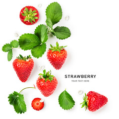 Wall Mural - Strawberry fruits and leaves creative frame border isolated on white background.